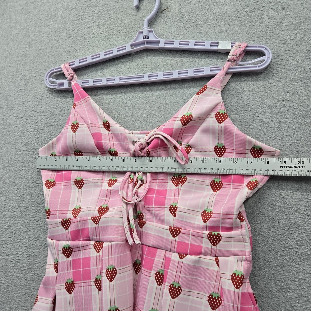 Hot Topic Women Dress L Pink Strawberry Plaid Lace Up Mini Fit & Flare V Neck - Picture 6 of 8